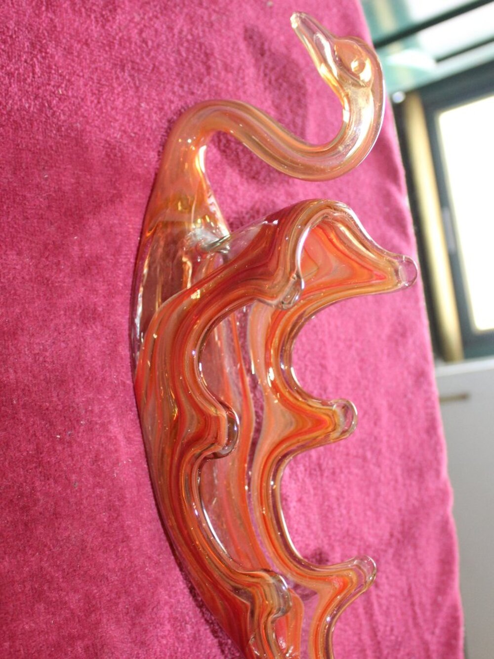 Vintage art glass swan centerpiece, a vibrant orange & red swirled design